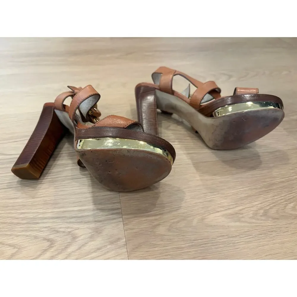 Michael Kors brown leather strappy heel sandals with gold accents size 8